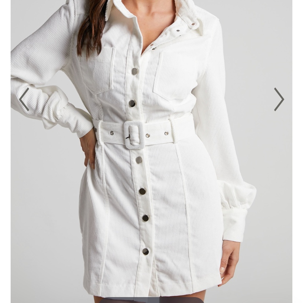 White Corduroy Button Up Mini Dress With Belt